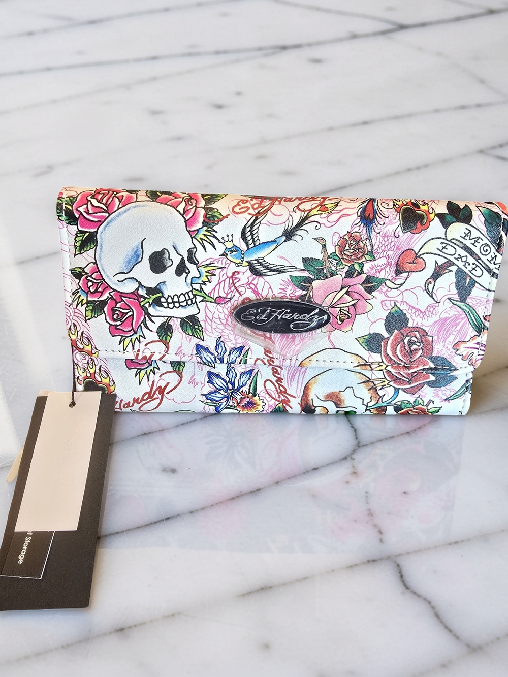 NWT Ed Hardy Skull & Rose Tattoo Print Flap Wallet